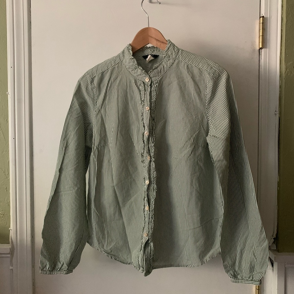 Jcrew Green White Striped Button Top Size 8